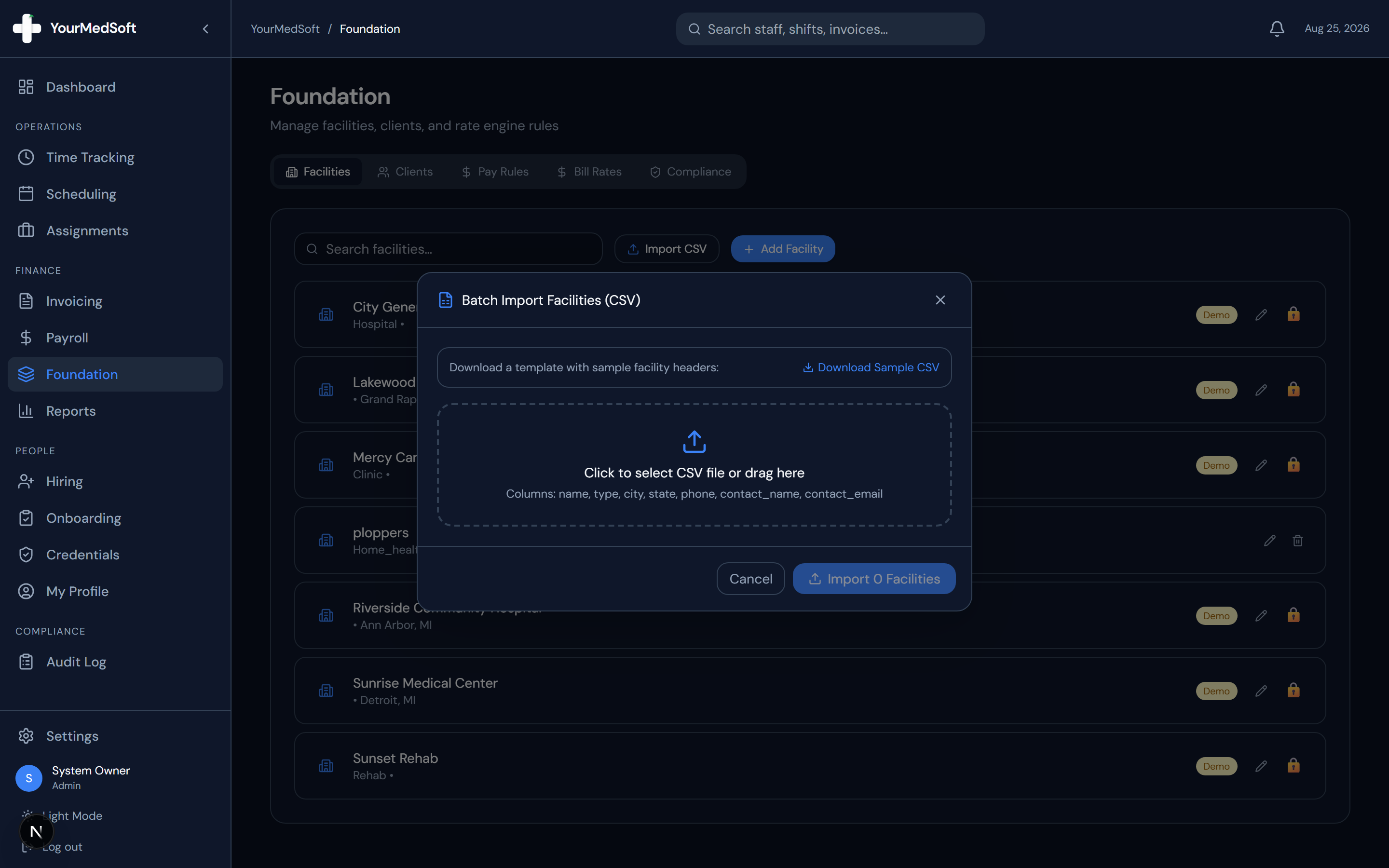 Batch Import Facilities modal with template download, column validation, and bulk import.
