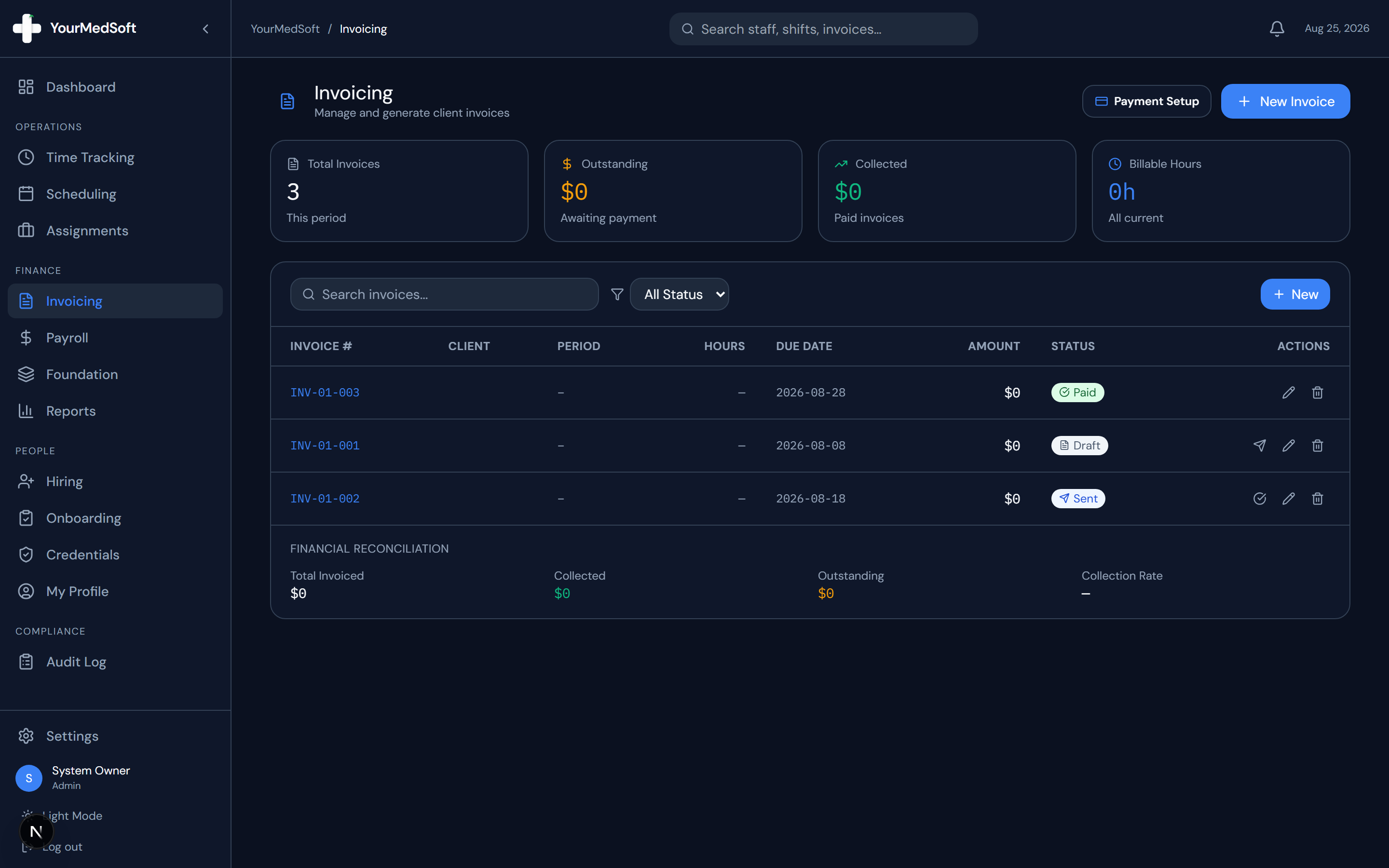 Invoice directory tracking sent invoices, payment statuses, and overdue accounts.