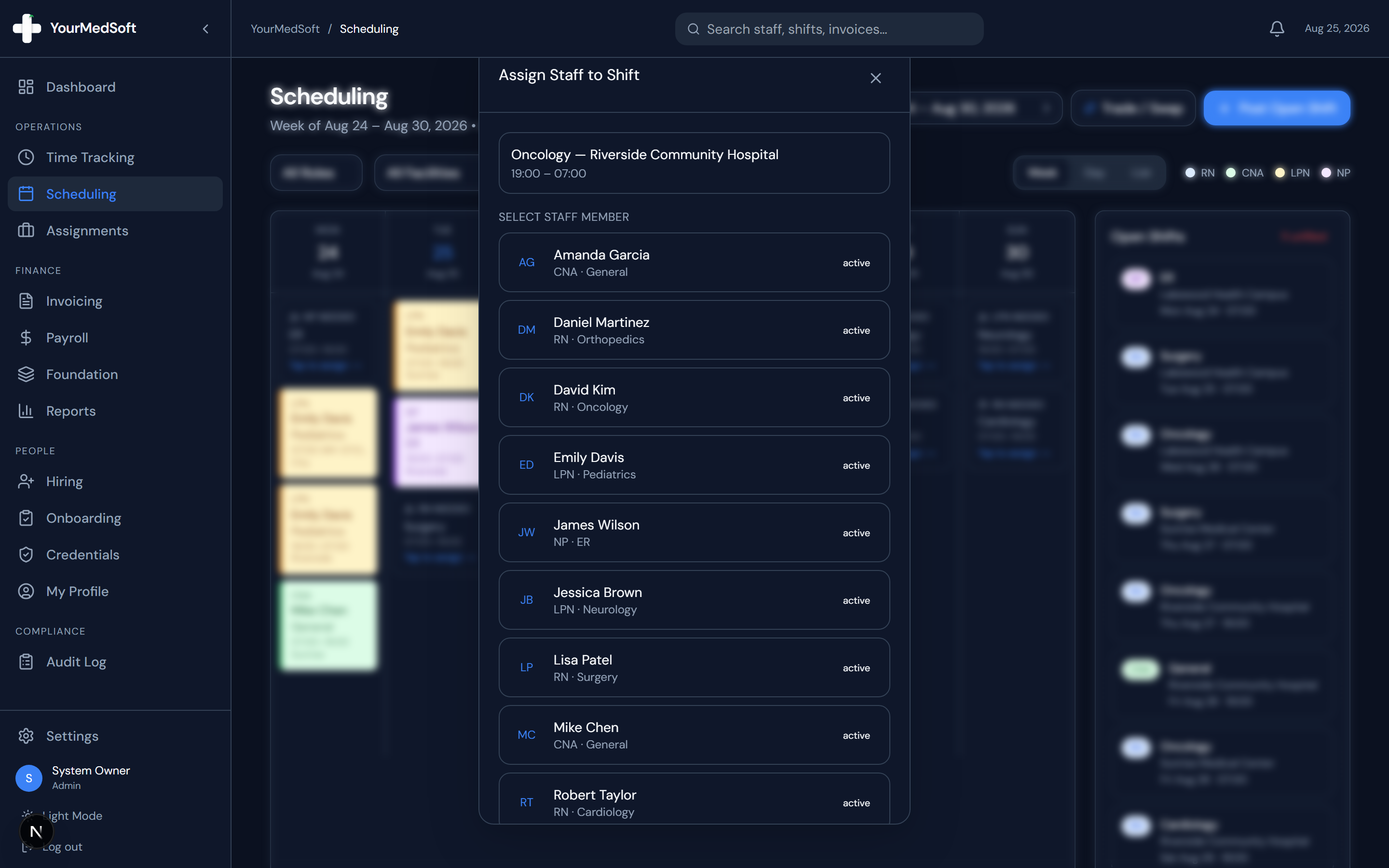 Scheduling compliance validation engine and shift assignment grid.