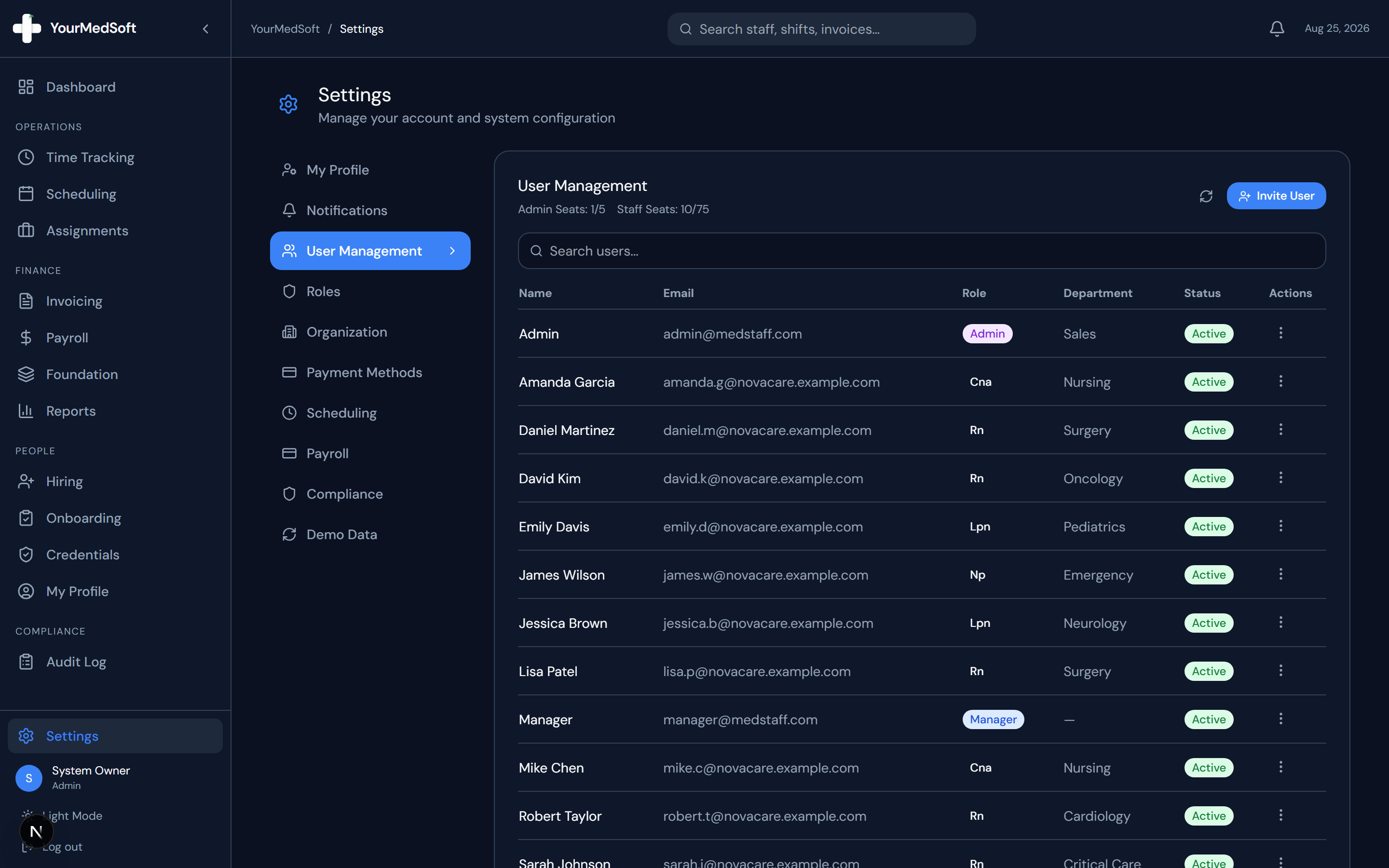 How do I invite team members and assign system roles?