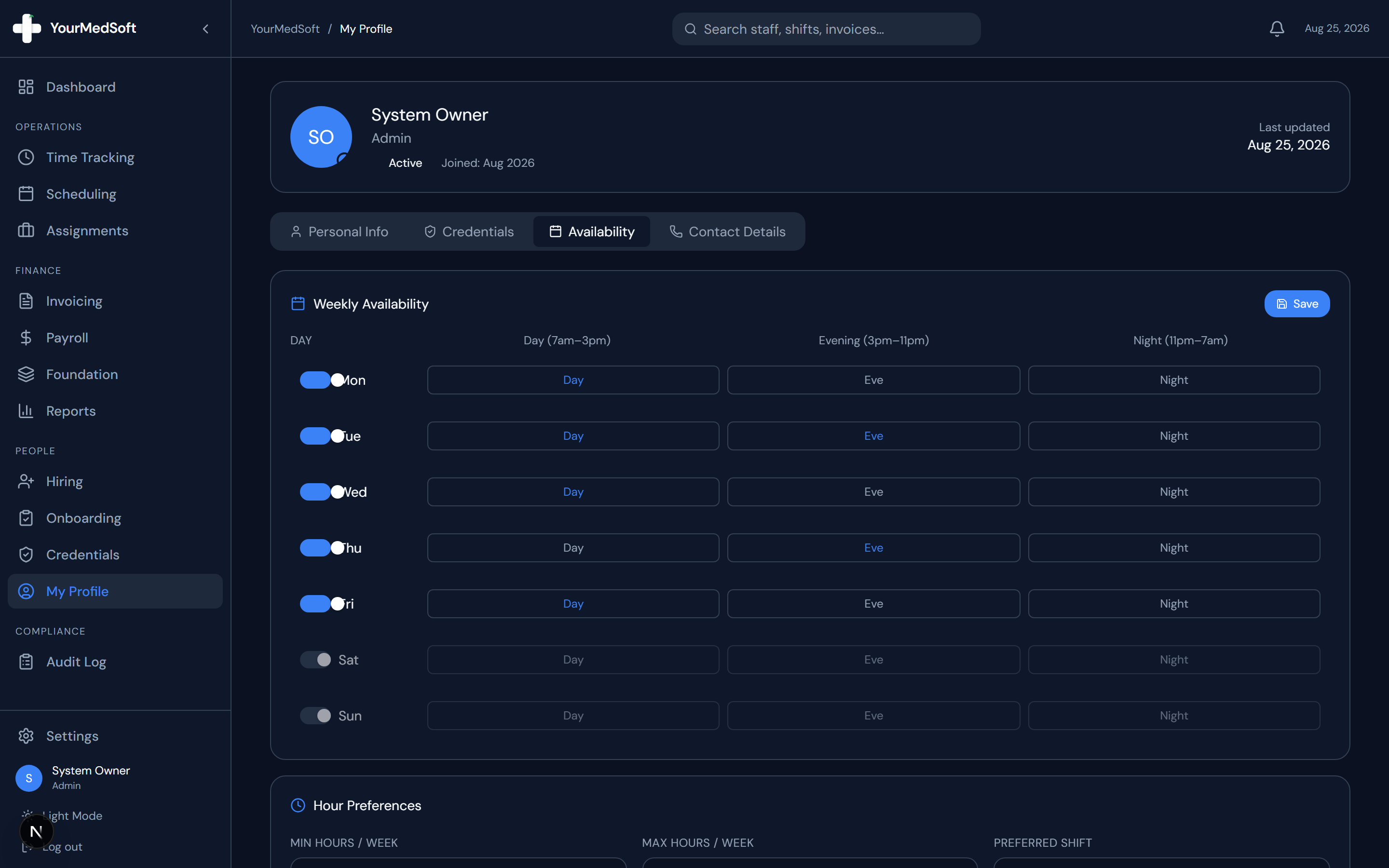 Clinician profile settings and weekly recurring availability schedule.